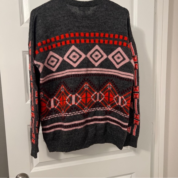 J CREW Abstract Fiar Isle Nordic Sweater M preppy grey red mohair wool blend - Picture 10 of 16